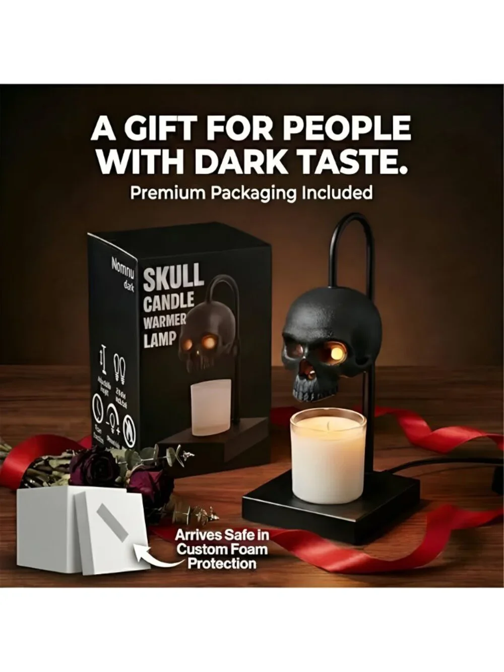 Skull Candle Warmer Lamp, Black Spooky Gothic Decor w/Timer & Dimmer